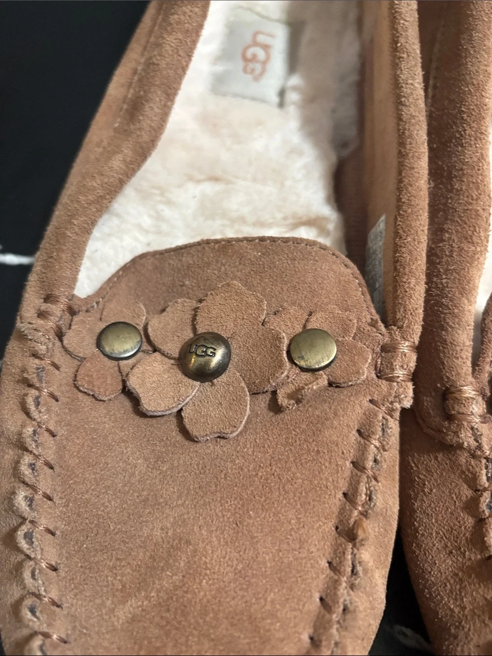 UGG Chestnut Suede Floral Studded Espadrille Flats